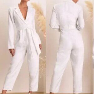 Lulus Upscale Romantic White Floral Jacquard Collared Jumpsuit 33221